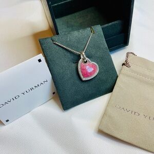 David Yurman Sterling Large Pink Rhodonite & Diamond Heart Pendant w Box Chain